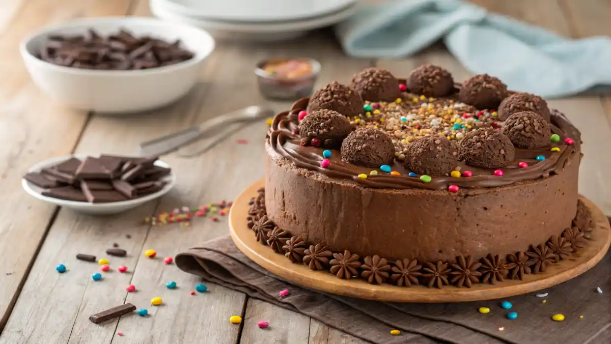 A brigadeiro cake with fudgy frosting and colorful sprinkles on a wooden table.