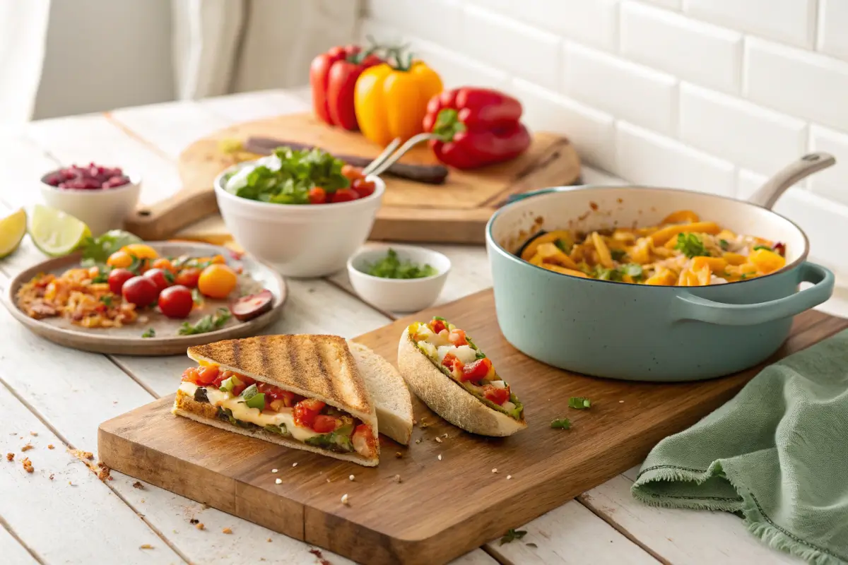 A variety of easy dinner foods on a rustic kitchen table.