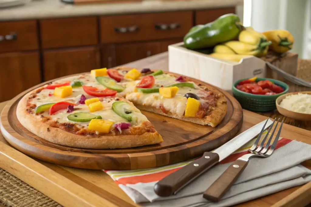 Fully baked Cuban pizza with gooey cheese and tropical toppings