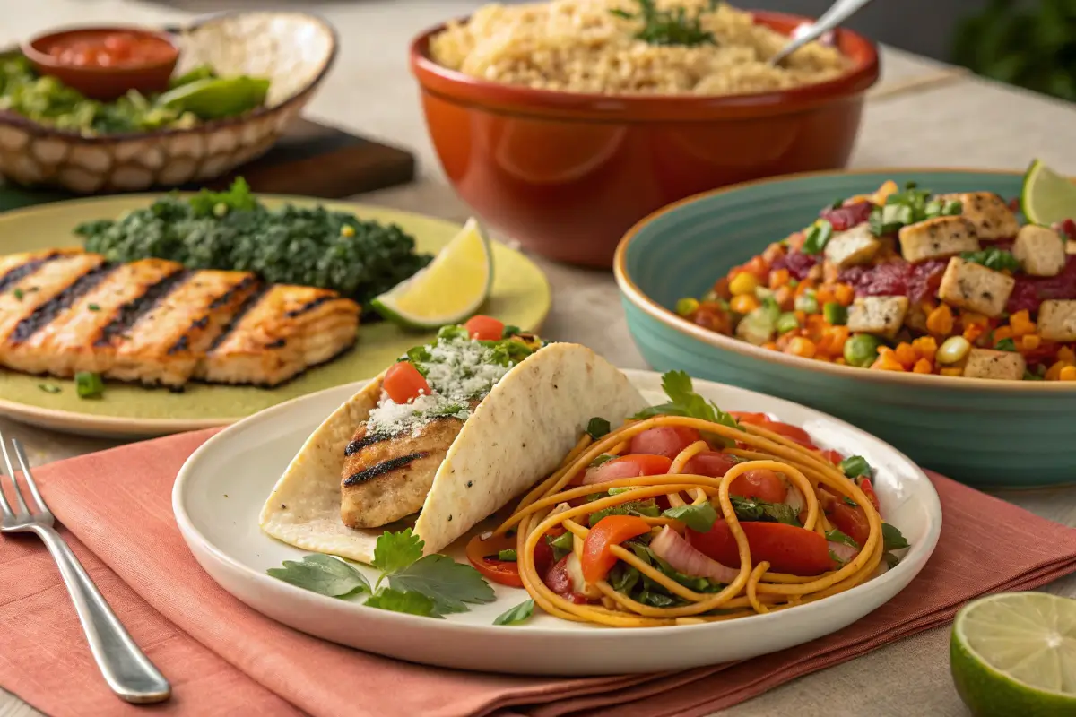 Five good dinner foods on a table, including grilled chicken, spaghetti, baked salmon, tacos, and stir-fry.