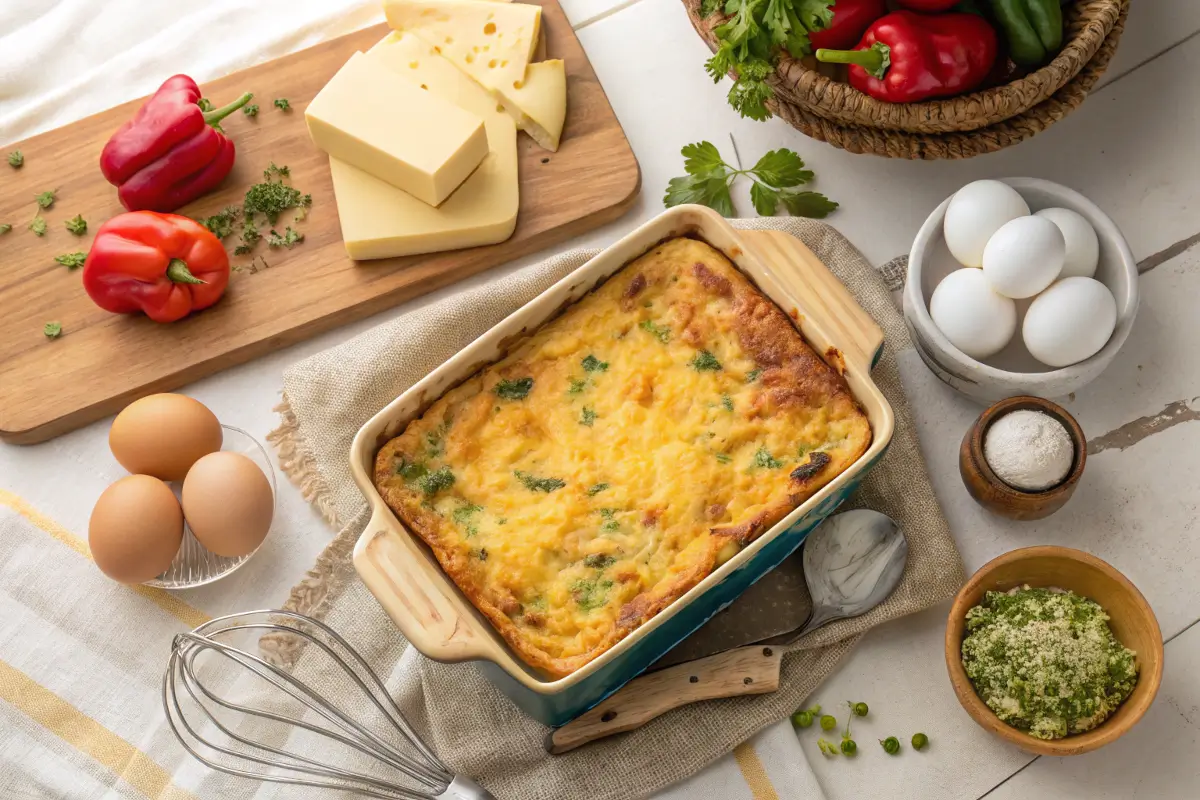 Golden baked breakfast casserole with pancake mix in a rustic dish.