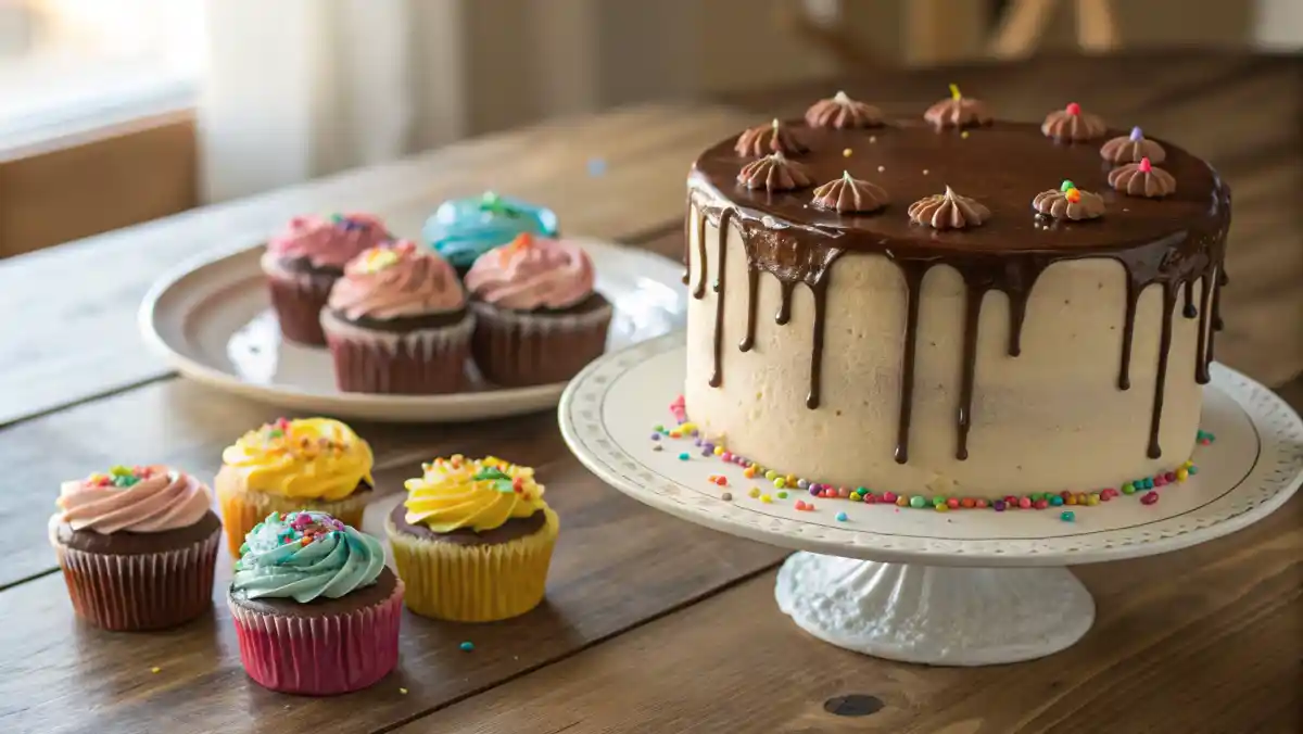 Chocolate cake with ganache glaze and buttercream cupcakes on a wooden table.