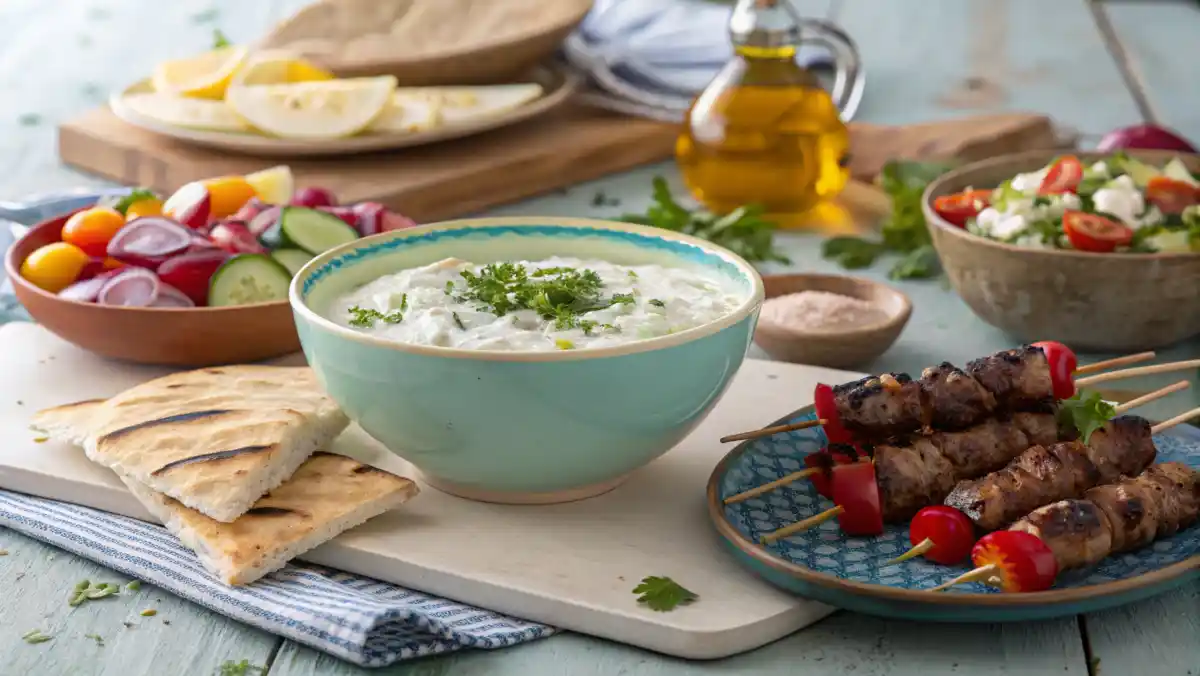 A bowl of tzatziki surrounded by Mediterranean dishes like pita, grilled meats, and salad.