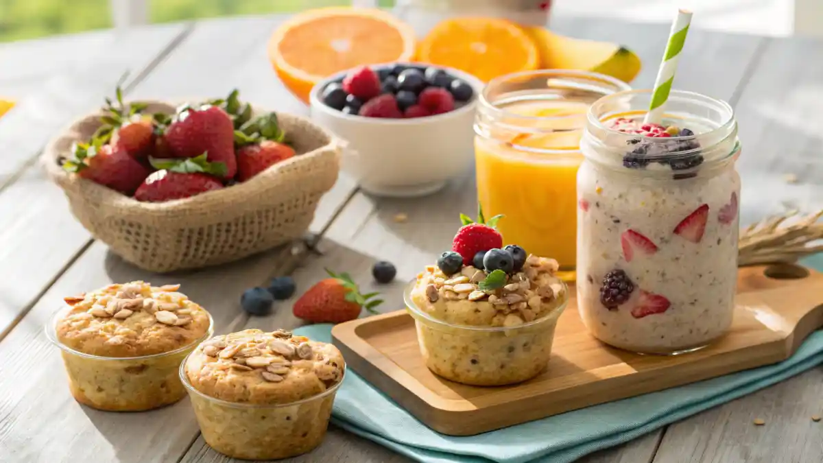 Grab-and-go breakfast spread with overnight oats, smoothie, and egg muffins.