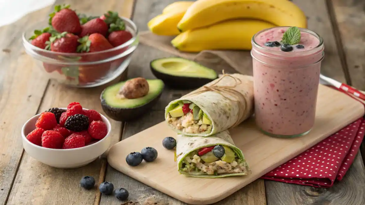 Healthy on-the-go breakfast options: overnight oats, smoothie, and a breakfast wrap.