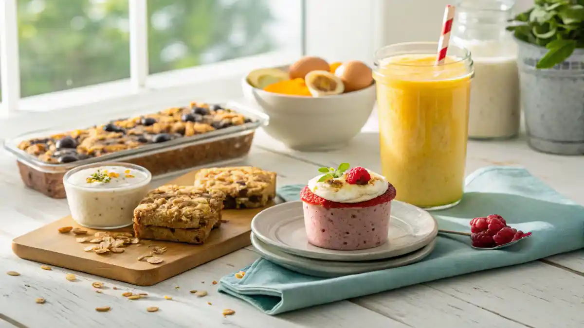 A grab-and-go breakfast spread with oats, egg muffin, smoothie, and granola bar.