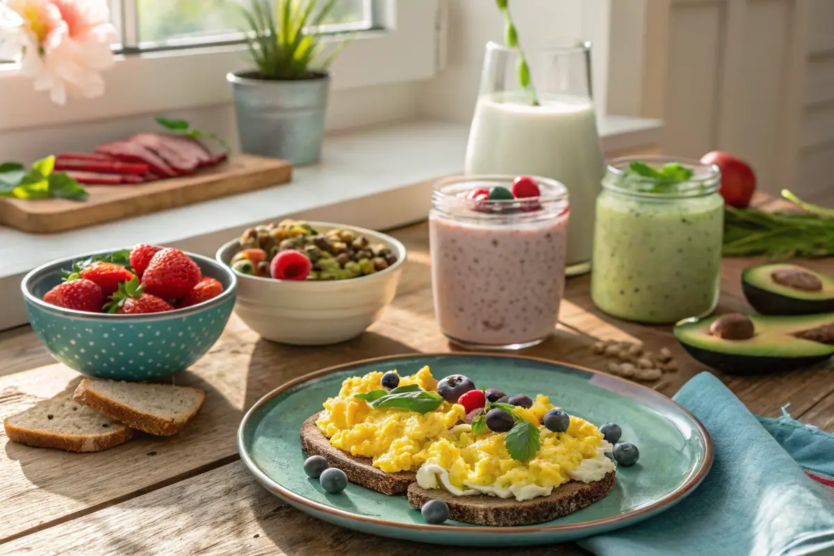 High protein breakfast spread with eggs, yogurt, and smoothies.