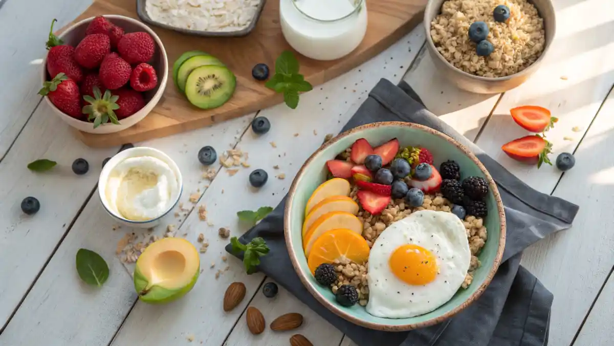 High-protein breakfast spread with eggs, Greek yogurt, and quinoa porridge.