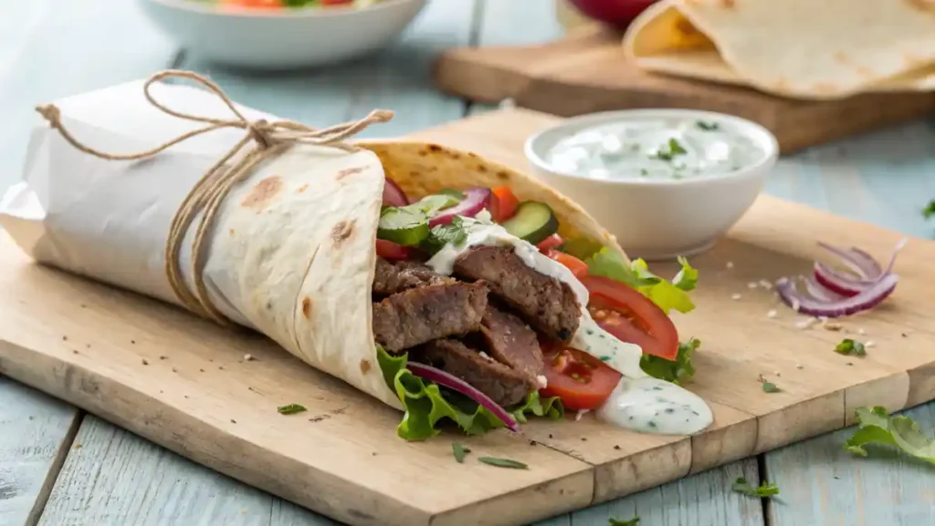 A gyro wrap with grilled lamb, veggies, and tzatziki sauce.