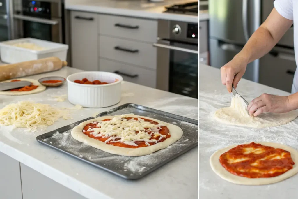Preparing Cuban pizza at home with dough, sauce, and cheese.