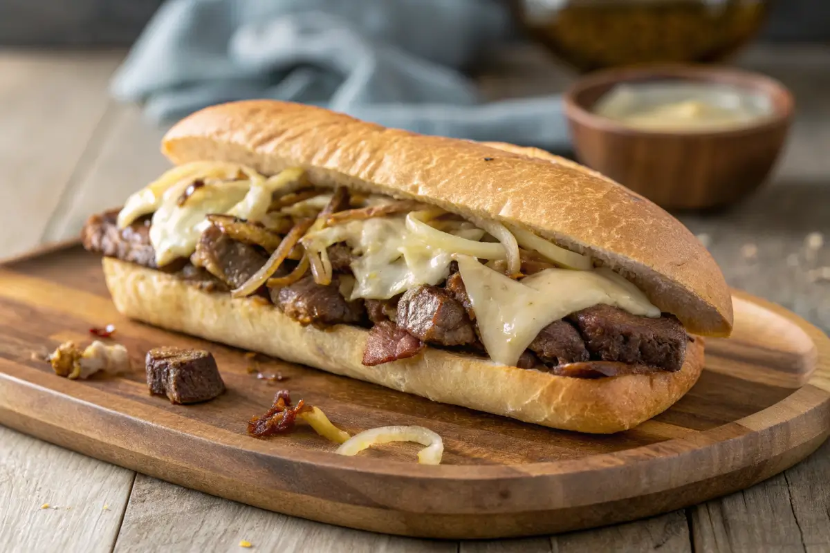 A delicious Philly cheesesteak sandwich with melted cheese and thinly sliced ribeye.