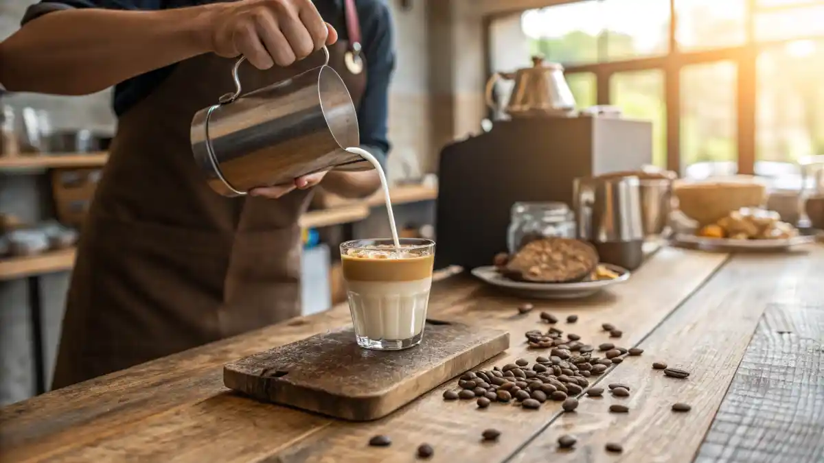 Barista pouring milk into a cortado glass.