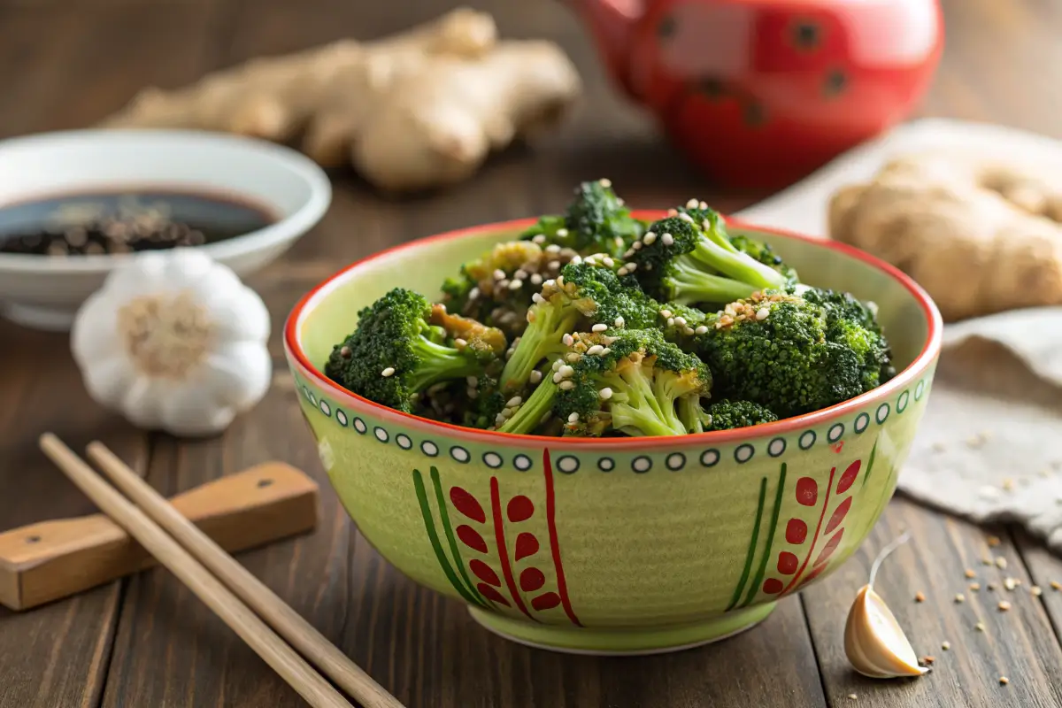 Stir-fried broccoli with soy sauce and sesame seeds on a rustic table