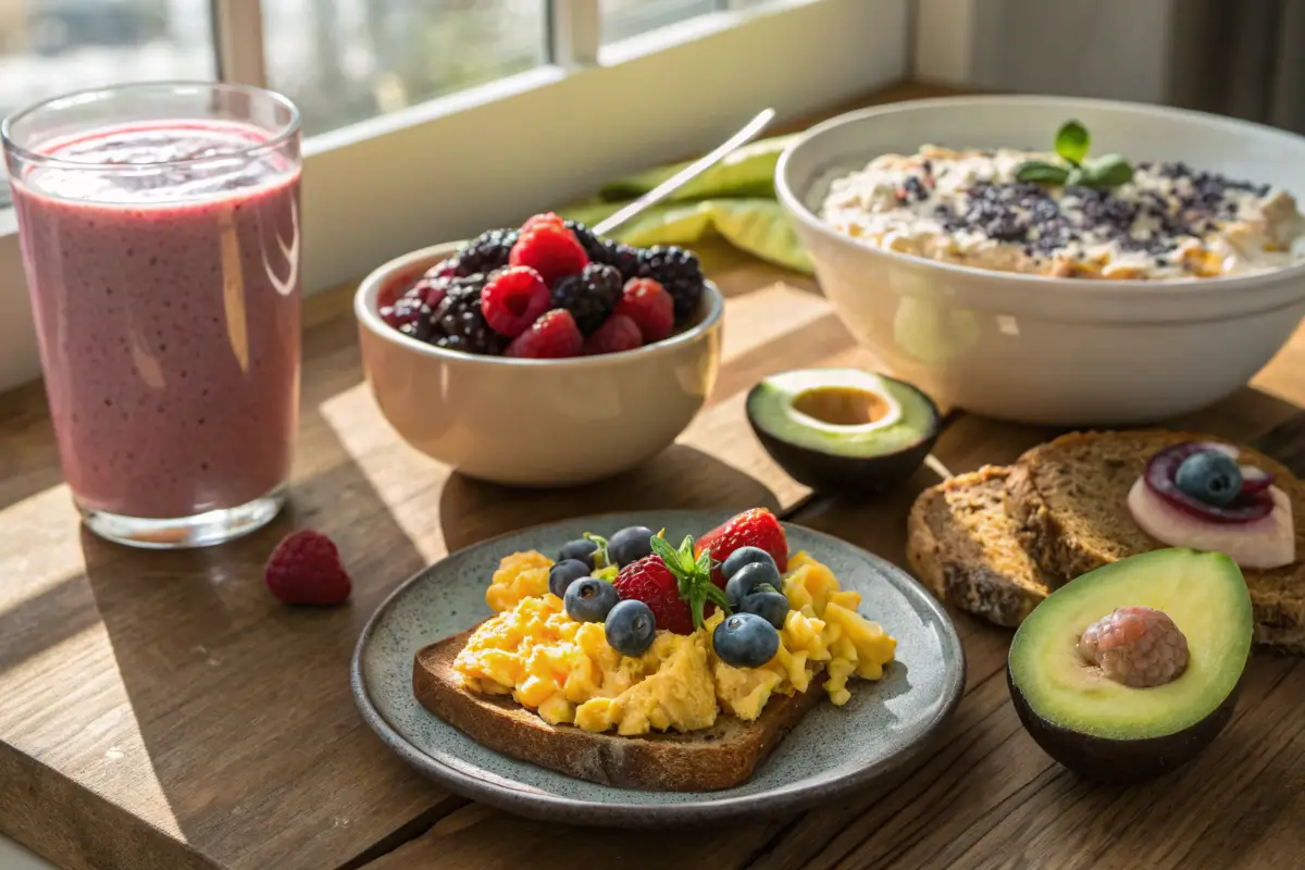 Protein-packed breakfast table with eggs, yogurt, toast, and smoothie