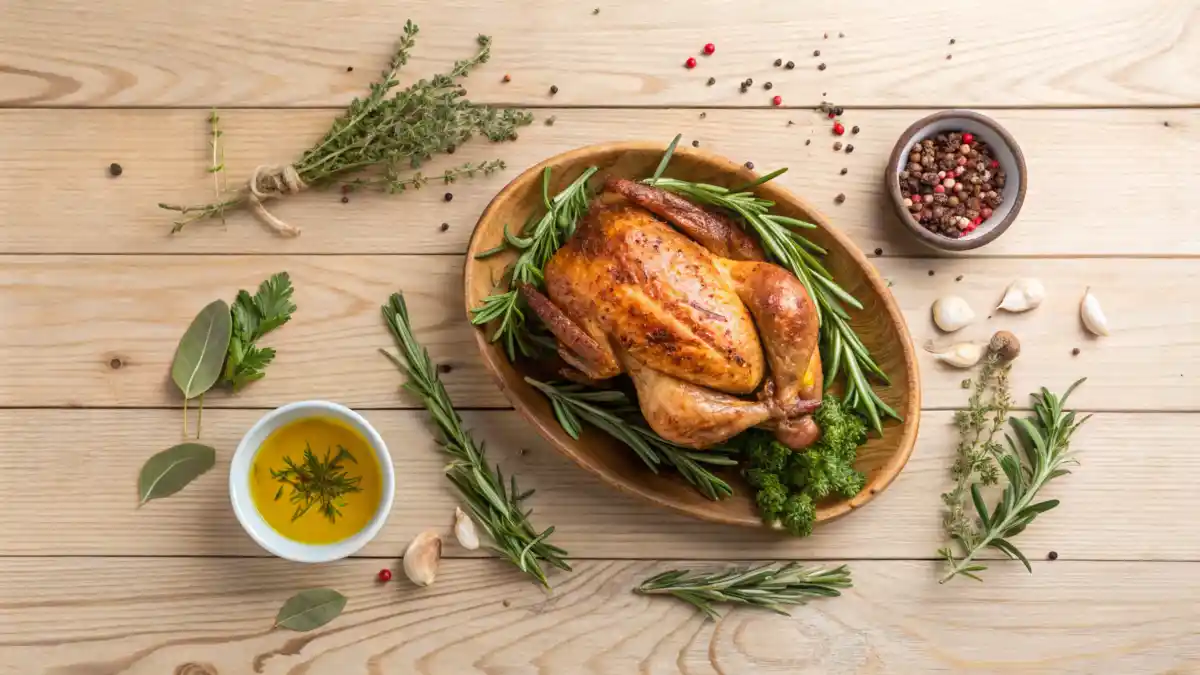 Roasted chicken surrounded by fresh herbs on a rustic table.