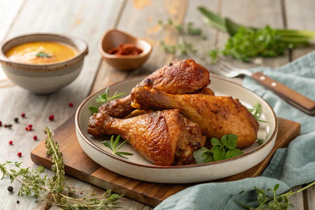 Smoked chicken legs and thighs with crispy skin on a rustic table