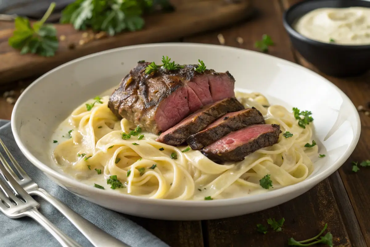 Steak and pasta dish with ribeye and fettuccine Alfredo.