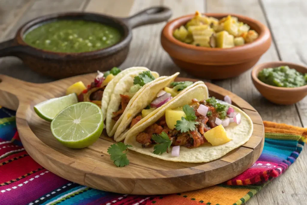 Tacos al pastor served on a wooden platter with pineapple, onions, and cilantro.
