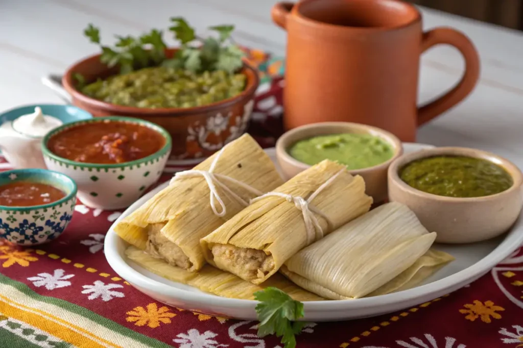 A platter of tamales served with salsa verde and a mug of champurrado.