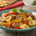 Tortellini with chicken sausage and peppers on a plate