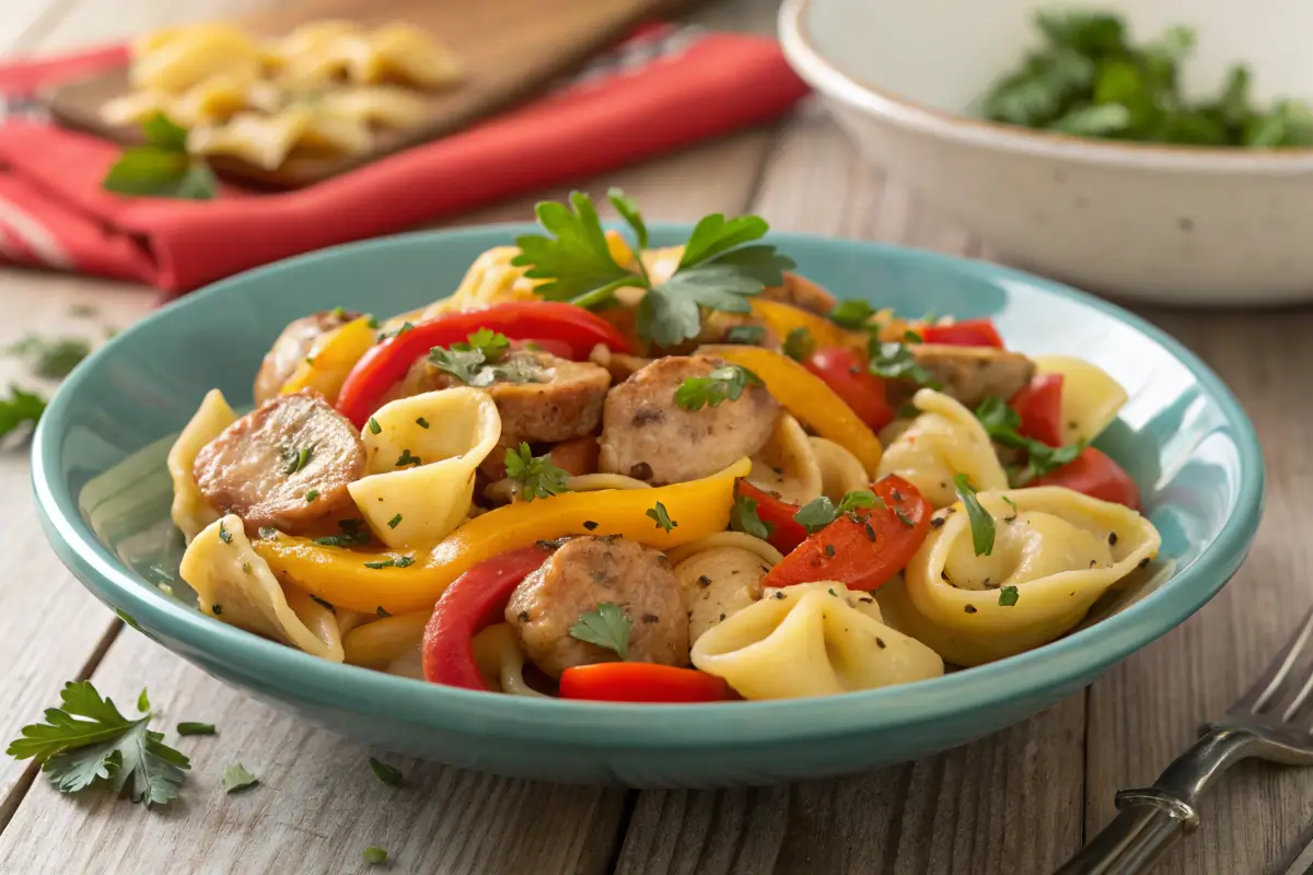 Tortellini with chicken sausage and peppers on a plate