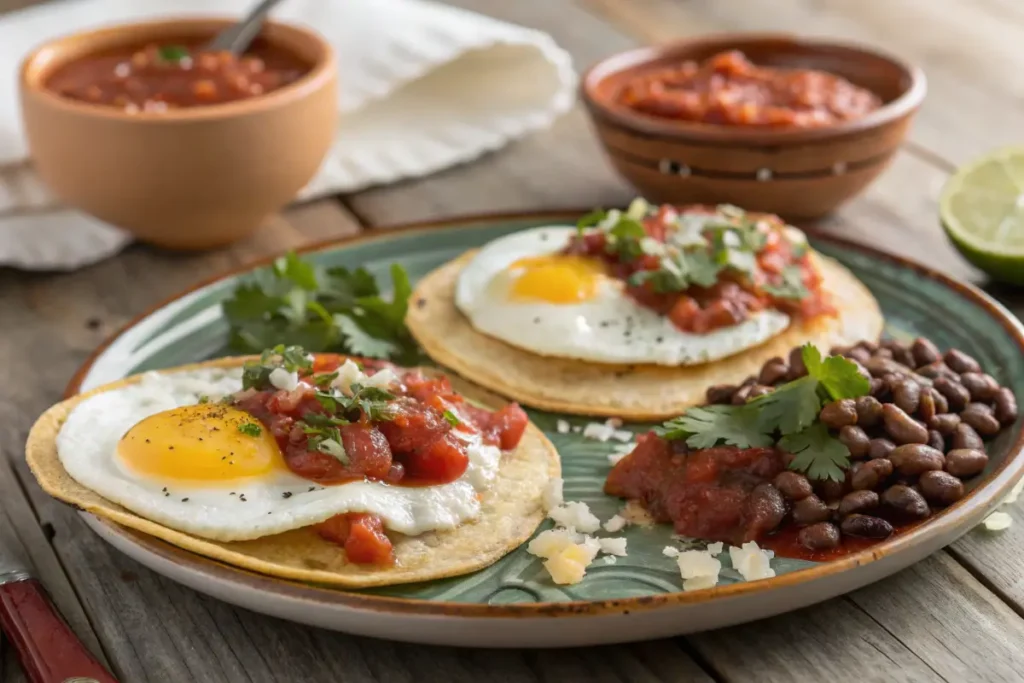 Huevos rancheros served with salsa and refried beans.