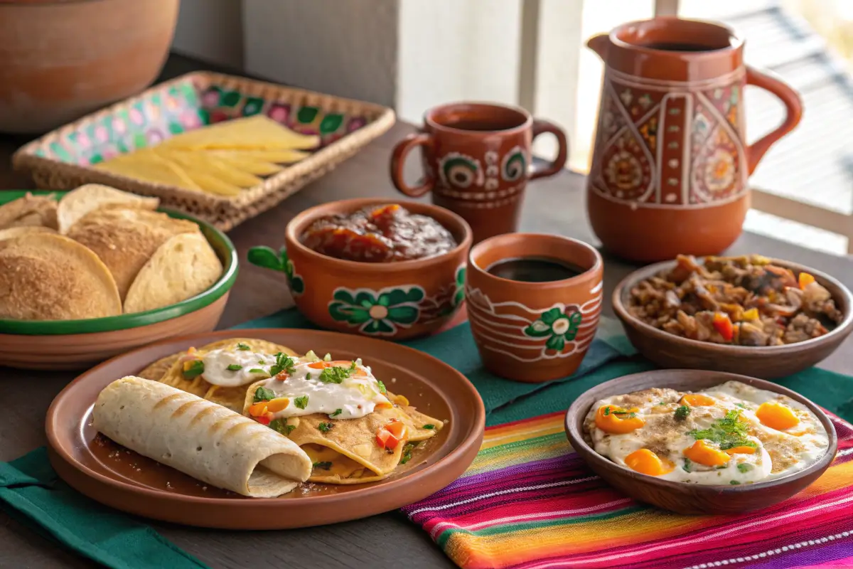 A vibrant table showcasing popular Mexican breakfast dishes like tacos, chilaquiles, and tamales.