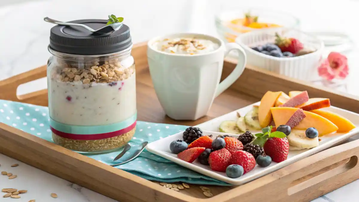 Healthy travel breakfast setup with oats, yogurt parfait, and fruit.