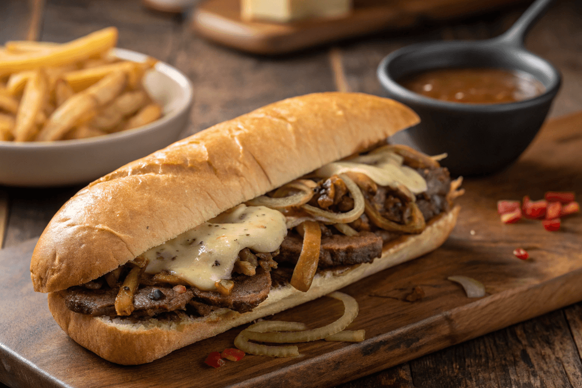 Philly cheesesteak sandwich in a classic hoagie roll.