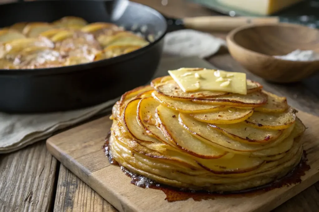 Golden, crispy Pommes Anna served in a cast iron pan.