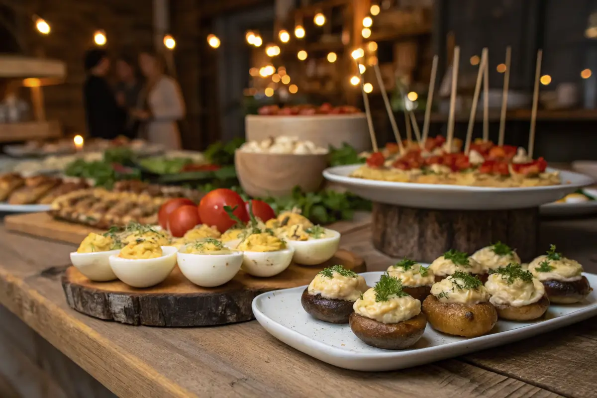 A beautifully arranged appetizer spread on a rustic wooden table.