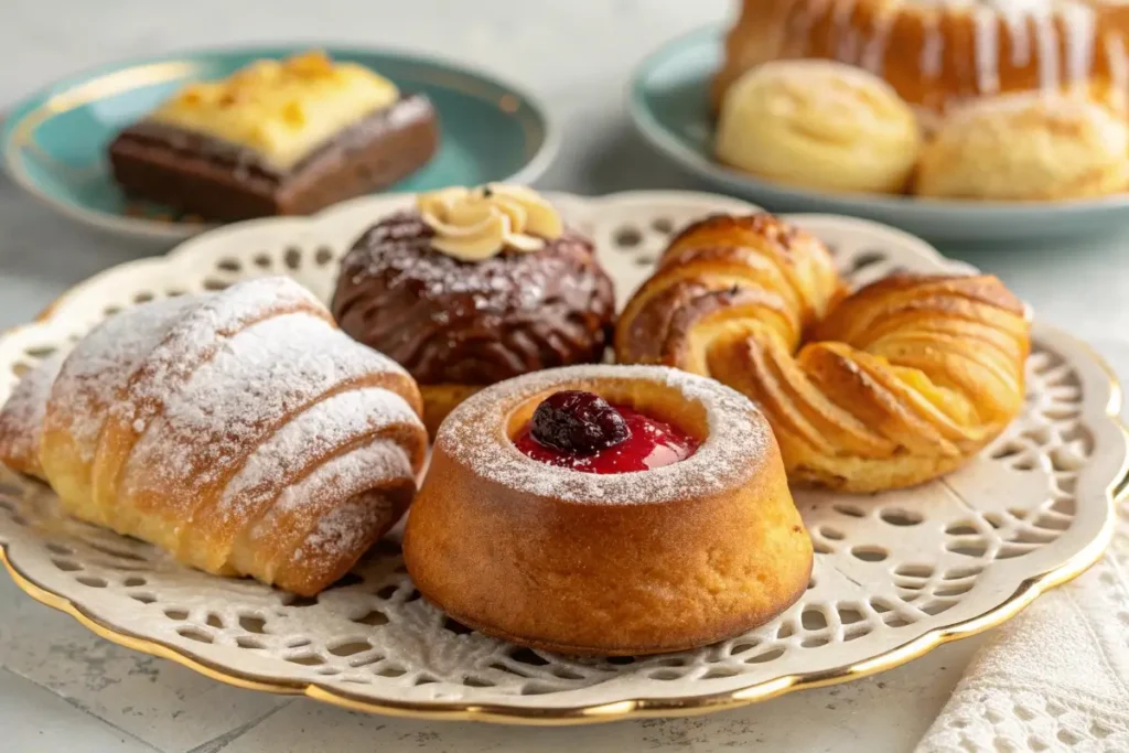 A selection of international breakfast pastries from around the world