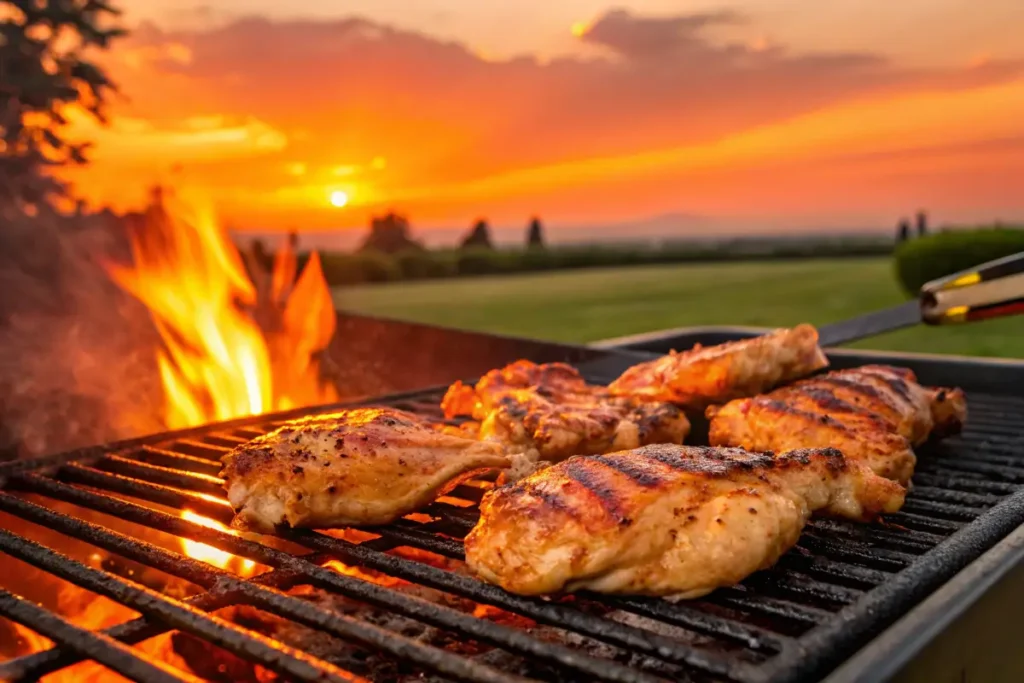 Grilled chicken breasts with char marks on a BBQ grill