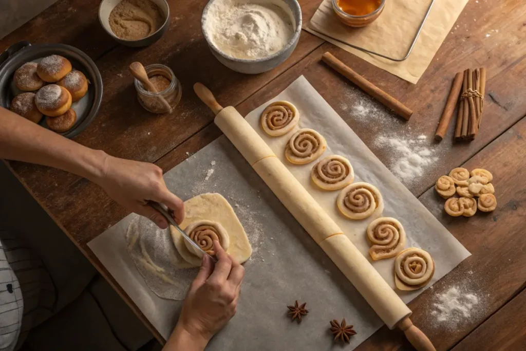 Hands preparing homemade breakfast pastries with dough and fillings