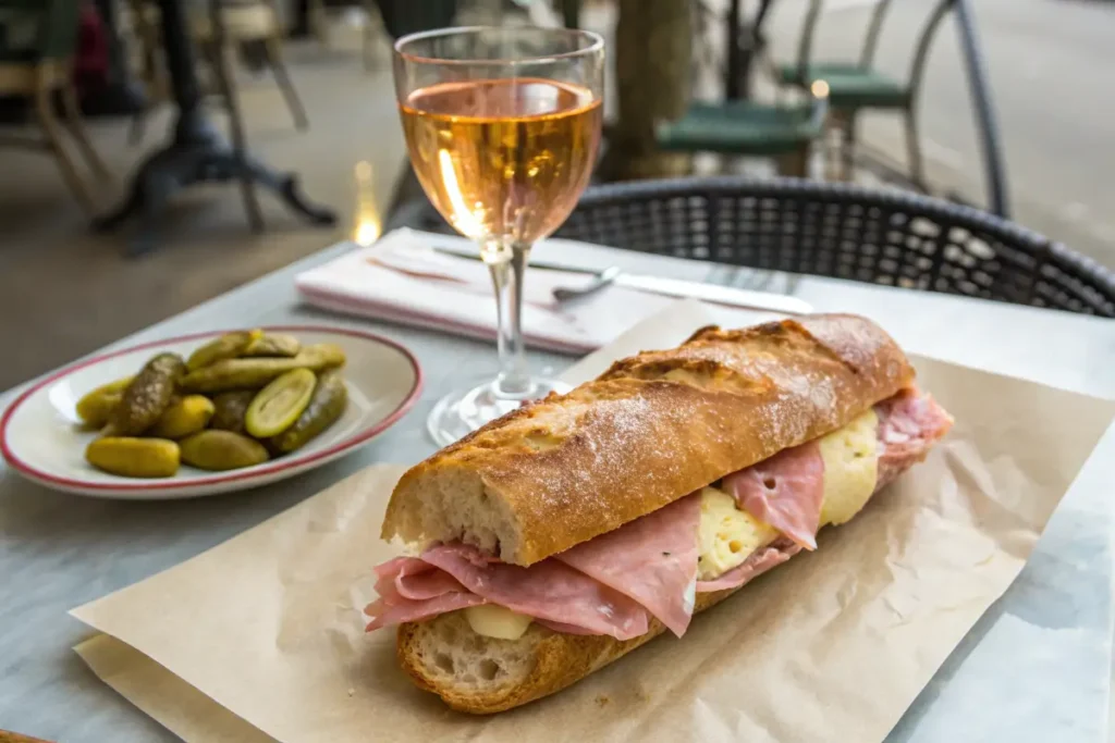 A traditional French Jambon-Beurre sandwich with fresh baguette, butter, and ham.
