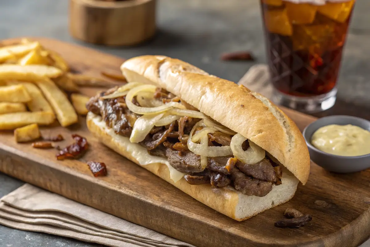 Classic Philly cheesesteak with fries and soda.