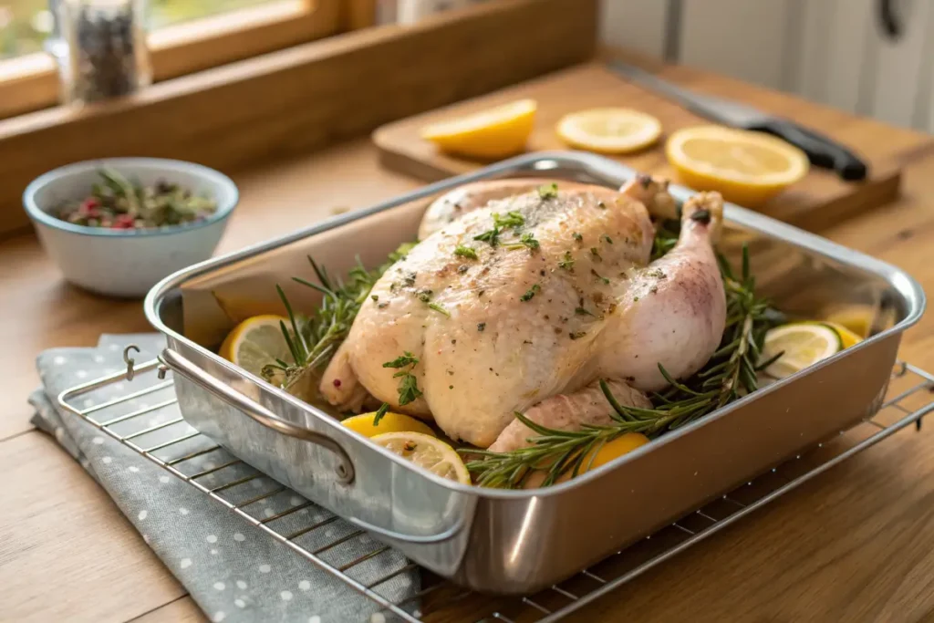 Seasoning a whole chicken for roasting in the oven