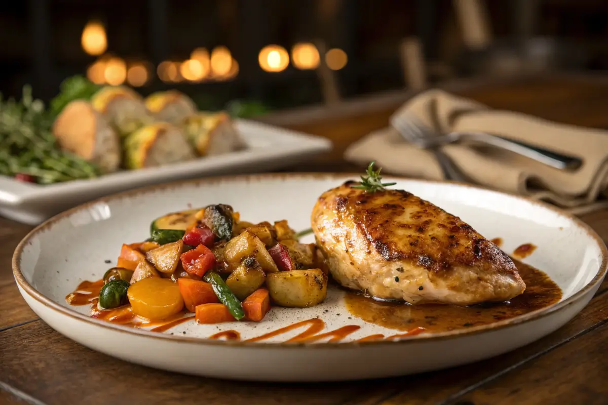 Juicy, golden-brown 3-ingredient chicken served with veggies.